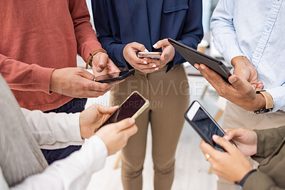 Buy stock photo Business people, hands and phone in networking for global communication, social media or mobile app at the office. Hand of group in digital marketing holding smartphone on advertising mockup screen