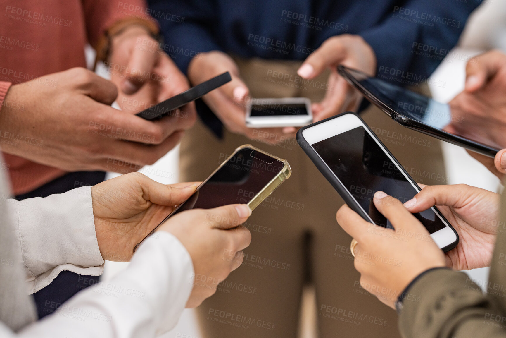 Buy stock photo Hands, phone and networking on mockup screen in collaboration, social media or communication. Hand of group on smartphone for network, share or mobile app sync in circle on technology with display