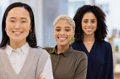 Buy stock photo Leadership, portrait and business women in office for collaboration, teamwork and startup vision. Face, diversity and team of ladies empowered, motivation or excited on future, small business or goal