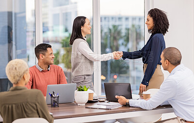 Buy stock photo B2b, black woman or manager shaking hands in meeting or startup project partnership or business deal. Teamwork, handshake or happy Asian worker talking or speaking of our vision or hiring agreement