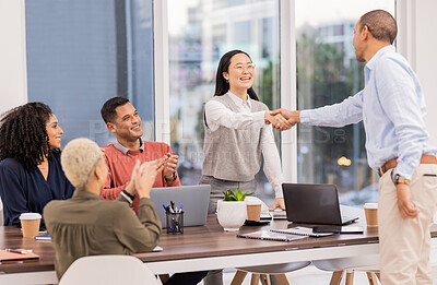 Buy stock photo B2b, Asian manager or man shaking hands in meeting or startup project partnership or business deal. Applause, handshake or happy worker talking or speaking of our vision, feedback or hiring agreement