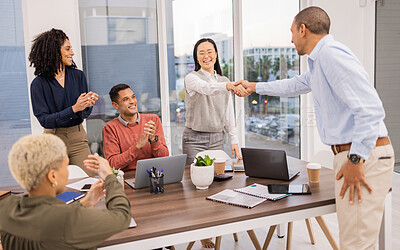 Buy stock photo B2b handshake, woman or man shaking hands in meeting or startup project partnership or business deal. Success, Asian or happy worker talking or speaking of our vision, feedback or hiring agreement