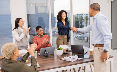 Buy stock photo B2b success, black woman or man shaking hands in meeting or startup project partnership or business deal. Handshake or happy worker talking or speaking of sales goals, feedback or hiring agreement