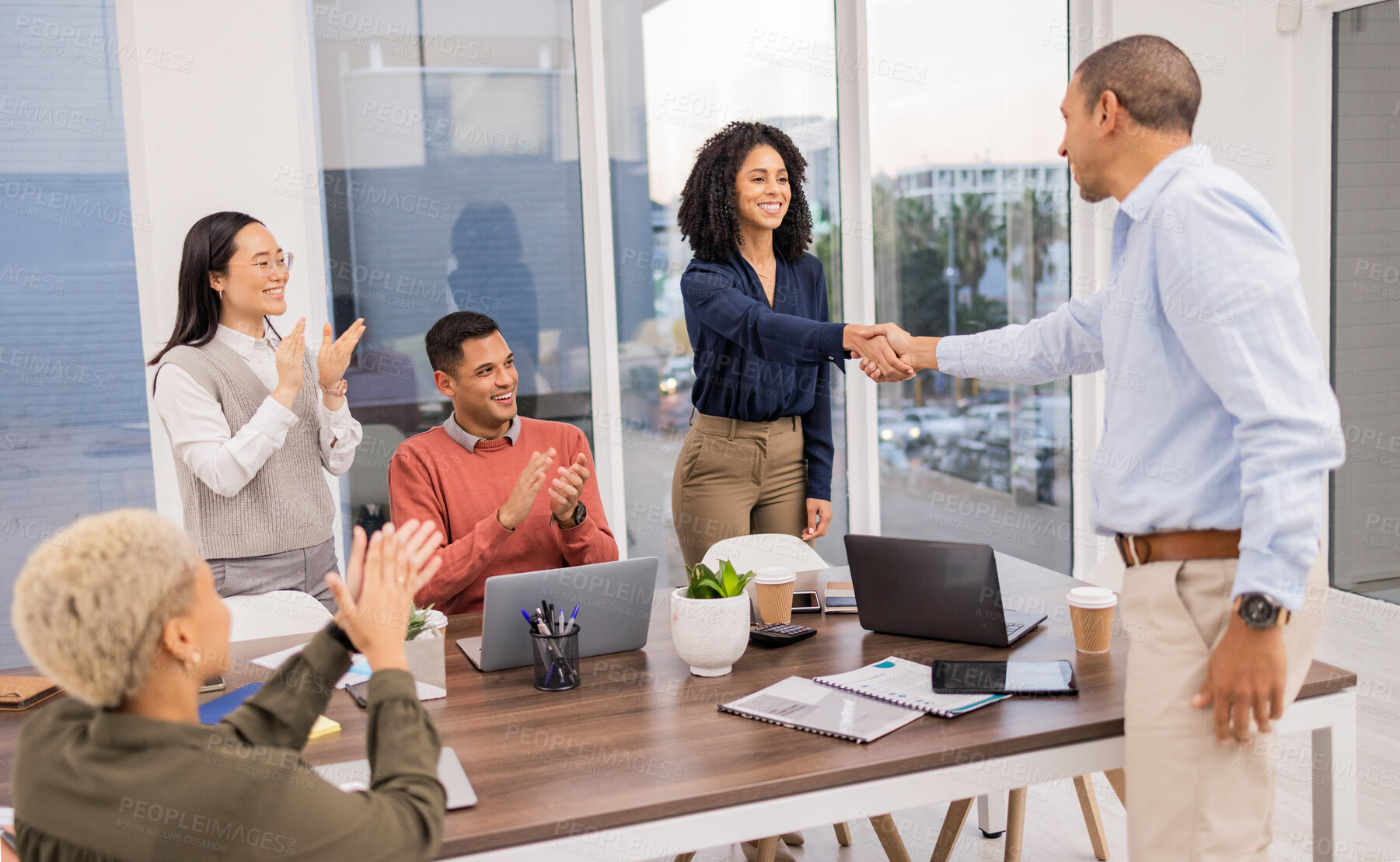 Buy stock photo B2b success, black woman or man shaking hands in meeting or startup project partnership or business deal. Handshake or happy worker talking or speaking of sales goals, feedback or hiring agreement
