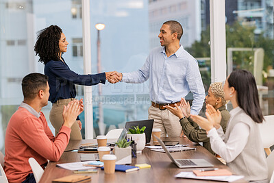 Buy stock photo B2b success, winner or black woman shaking hands in meeting or startup project partnership or business deal. Handshake, mission or excited man with sales team goals, feedback or hiring agreement