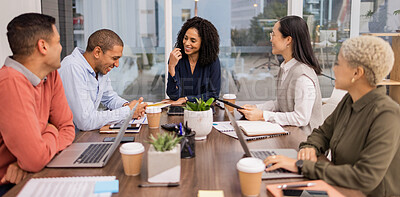 Buy stock photo Content marketing, laptop or happy business people in meeting planning a digital startup project. Funny group, laughing or employees in collaboration for research, office strategy or team goals