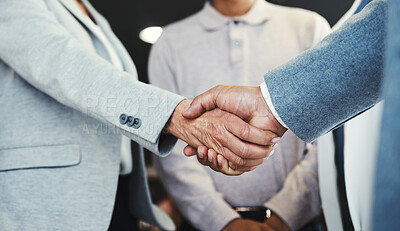 Buy stock photo Shaking hands, acquisition and business people investment deal, b2b contract agreement or client negotiation meeting. HR hiring welcome, thank you or lawyer job interview with human resources manager