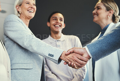 Buy stock photo Handshake, acquisition and senior business people at investment deal, b2b contract agreement or negotiation meeting. HR hiring welcome, thank you and intern job interview with human resources manager