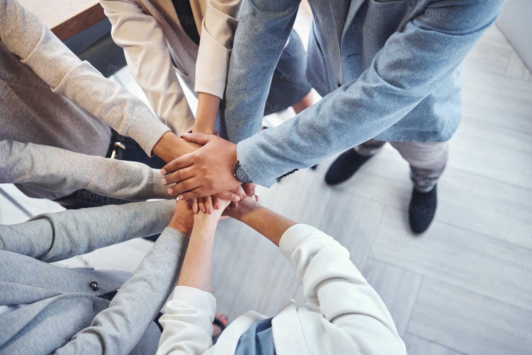 Buy stock photo Diversity, stack of hands and business people in the office in unity, collaboration and teamwork. Multiracial, corporate and professional team with motivation, support and connection in the workplace