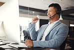 Customer service computer, consulting or happy man celebrate telemarketing on contact us CRM or ERP telecom. Asian call center, online ecommerce success and excited information technology consultant