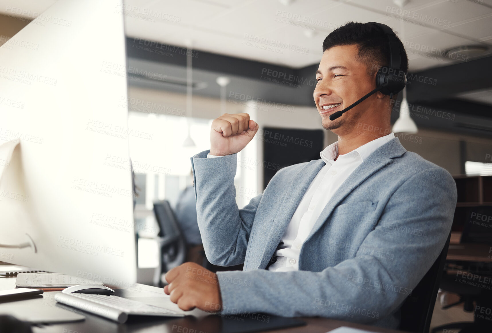 Buy stock photo Customer service computer, consulting or happy man celebrate telemarketing on contact us CRM or ERP telecom. Asian call center, online ecommerce success and excited information technology consultant