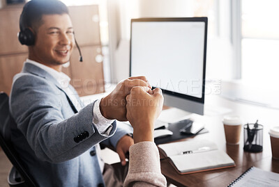 Buy stock photo Customer support fist bump, consulting or man celebrate telemarketing on contact us CRM or ERP telecom. Japan call center, online ecommerce team or information technology consultant happy for success
