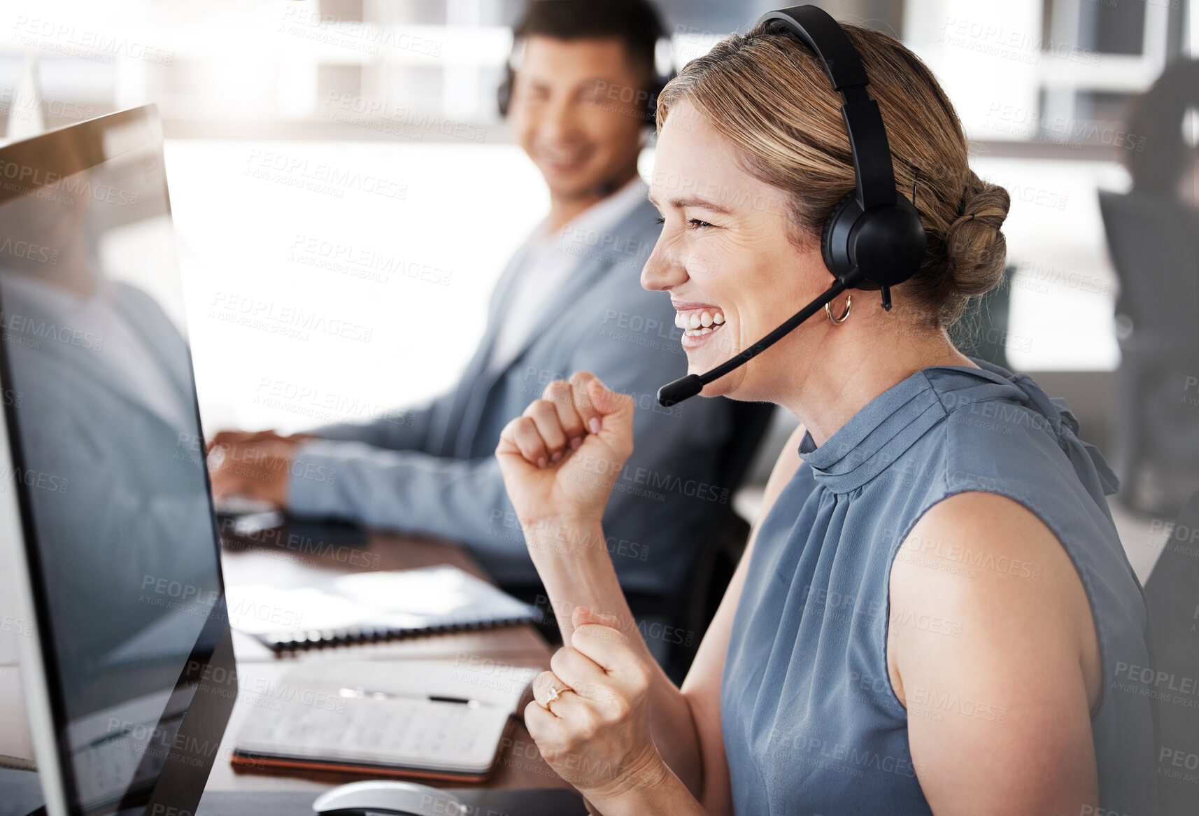 Buy stock photo Customer service computer, consulting or happy woman celebrate telemarketing on contact us CRM or ERP telecom. Call center success, ecommerce achievement and excited information technology consultant