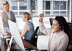 Customer support computer, consulting or happy man celebrate telemarketing on contact us CRM or ERP telecom. African call center success, ecommerce winner or excited information technology consultant