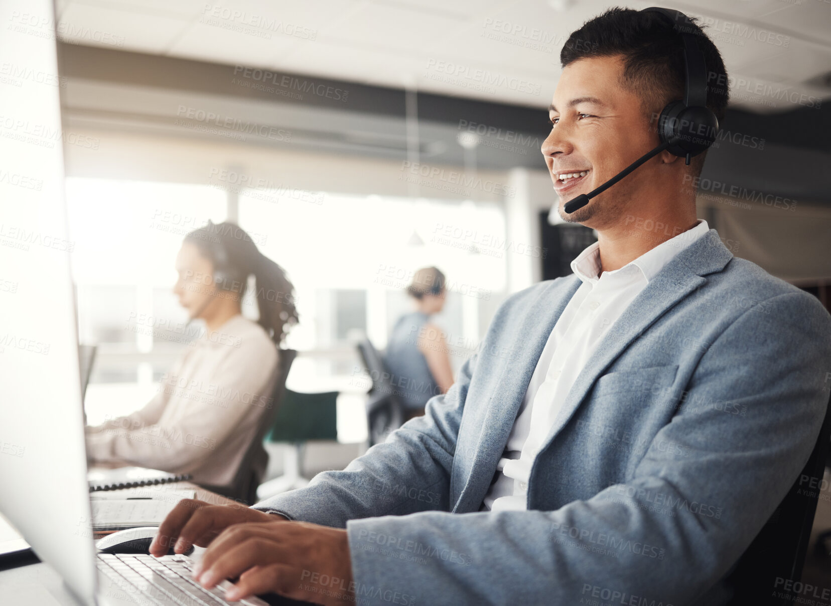 Buy stock photo Customer support, happy consultant and man telemarketing communication on contact us CRM or telecom microphone. Call center administration, ecommerce ERP and information technology consulting online