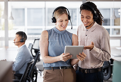 Buy stock photo Call center, customer support and consultants on a tablet in the office planning a crm strategy. Telemarketing, customer service and team of agents doing research on a mobile device in the workplace.