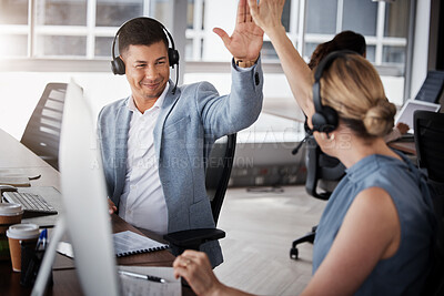 Buy stock photo Customer support high five, consulting and happy people celebrate telemarketing on contact us CRM or ERP telecom. Call center achievement, ecommerce team and excited information technology consultant