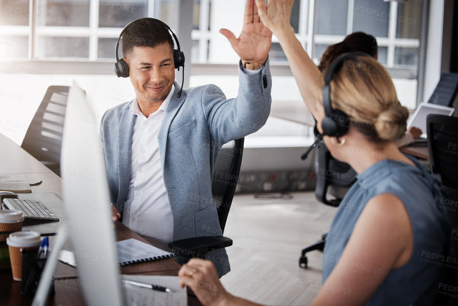 Buy stock photo Customer support high five, consulting and happy people celebrate telemarketing on contact us CRM or ERP telecom. Call center achievement, ecommerce team and excited information technology consultant