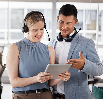 Buy stock photo Call center, customer service and team of consultants on a tablet in the office planning a crm strategy. Telemarketing, ecommerce sales and agents doing research on a mobile device in the workplace.