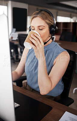 Buy stock photo Call center consultant, coffee drink or woman telemarketing on contact us CRM or telecom microphone. Tea, customer service ERP or professional agent consulting for online ecommerce administration