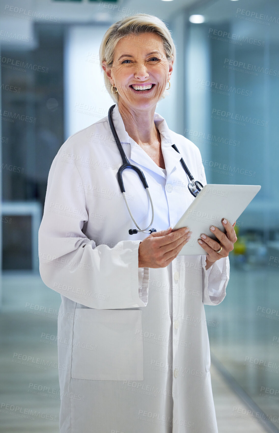 Buy stock photo Healthcare, tablet and portrait of senior doctor in hospital for wellness, medical care and support. Insurance, clinic and woman smile with digital tech for telehealth, research or online consulting