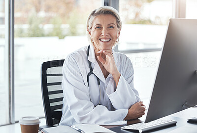 Buy stock photo Healthcare, consultant and portrait of a doctor in office for medical work, cardiology and surgery. Happy, working and mature woman consulting in medicine, hospital research and expert consultation