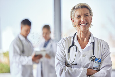 Buy stock photo Healthcare, doctor and portrait of senior woman in hospital for wellness, medical care and support. Leadership, clinic and female health worker smile with team for insurance, trust and consultation