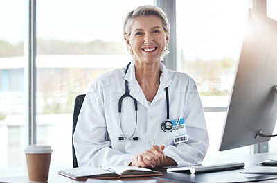 Buy stock photo Healthcare, medicine and portrait of a doctor at a desk for medical work, cardiology and surgery. Happy, working and mature woman consulting in medicare, hospital research and expert consultation