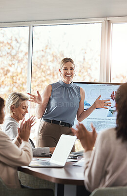 Buy stock photo Business presentation, woman and applause at team building seminar for company growth. Working, market research data and workshop of a female manager with marketing group in office with tech
