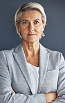 Portrait, business and senior woman arms crossed, leadership and opportunity against studio background. Face, mature female manager and employee with gesture for confidence, skills or ceo on backdrop