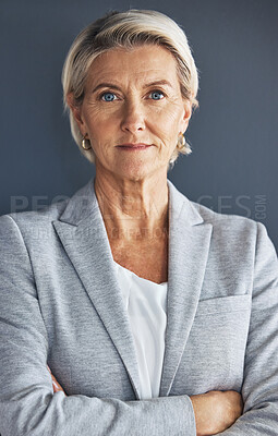 Buy stock photo Portrait, business and senior woman arms crossed, leadership and opportunity against studio background. Face, mature female manager and employee with gesture for confidence, skills or ceo on backdrop