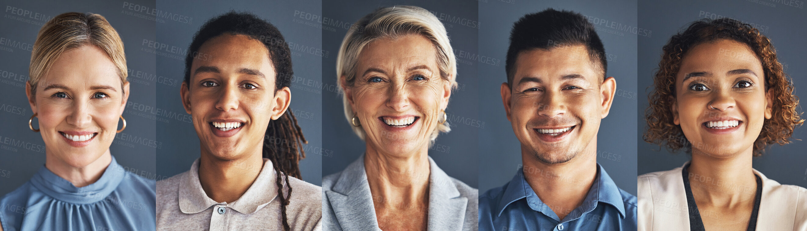 Buy stock photo Collage, portrait and face with business people and smile, professional group and headshot on studio background. Success, happy and diversity in corporate team, community and trust with collaboration