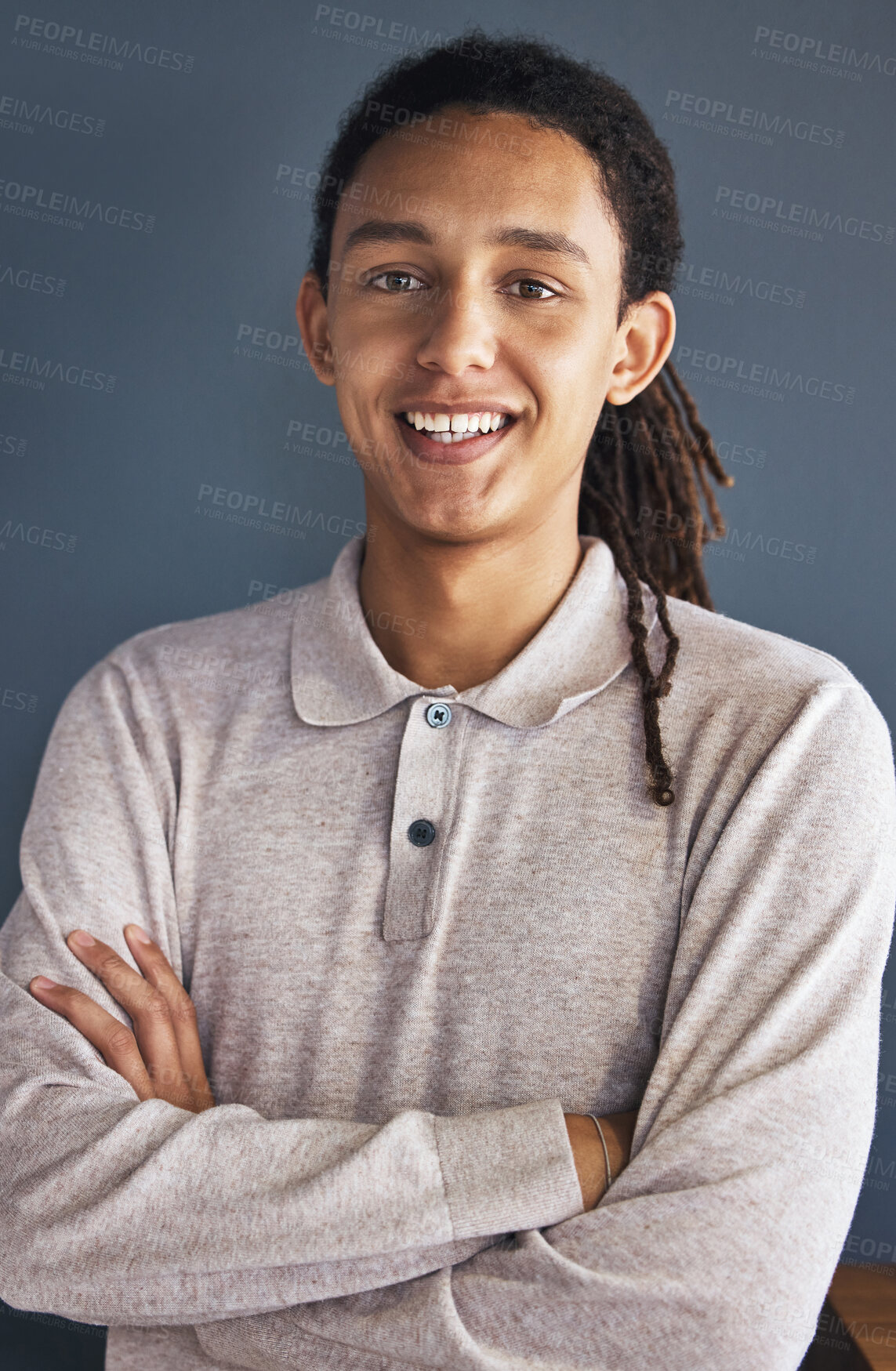 Buy stock photo Portrait, vision and mindset with a business black man on a gray background, standing arms crossed. Growth, mission and motivation with a young male employee looking confident of his future success