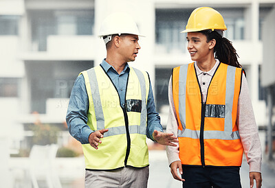 Buy stock photo Teamwork, architecture and talking with people on construction site for project management, building and goals. Designer, collaboration and engineering with contractor for development and industry