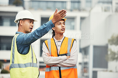 Buy stock photo Teamwork, engineering and talking with people on construction site for project management, building and goals. Designer, collaboration and architecture with contractor for development and industry