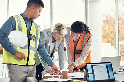 Buy stock photo Engineering, teamwork and meeting with people in office for construction, designer and building. Collaboration, review and planning with group in architecture firm for project management and goal