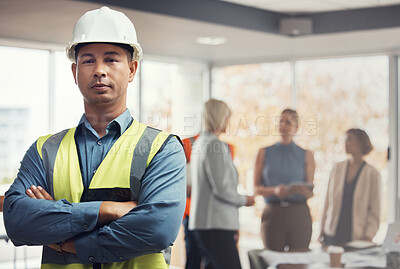 Buy stock photo Portrait, construction worker and building with a man engineer standing arms folded in an architecture office. Industrial, mananger and leadership with a male architect working on a design project