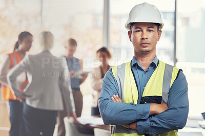 Buy stock photo Portrait, construction worker and leadership with a man engineer standing arms folded in an architecture office. Industrial, manager and building with a male architect working on a design project