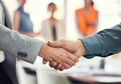 Buy stock photo Teamwork, deal and engineering with handshake of people in office for architecture, b2b and contract. Partnership, meeting and shaking hands with employee for designer, construction and agreement