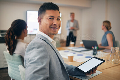 Buy stock photo Businessman portrait, tablet or screen in meeting, office boardroom or training conference for target goals and strategy. Smile of happy worker on technology mockup for corporate teamwork or workshop