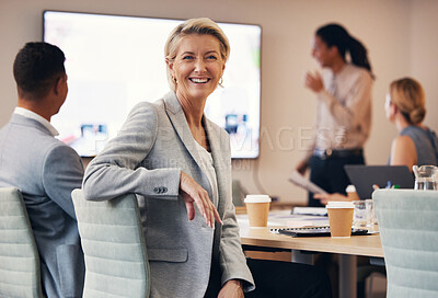Buy stock photo Business woman, portrait or leadership in office boardroom meeting, marketing workshop or advertising training goal. Smile, happy or mature corporate ceo in teamwork collaboration or review