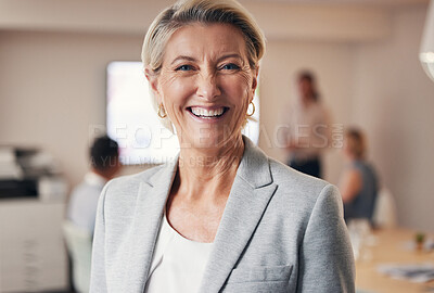 Buy stock photo Business woman, portrait and leadership in office boardroom, marketing company or advertising workshop goals. Smile, happy and mature corporate ceo, manage or mentor in about us and success mindset