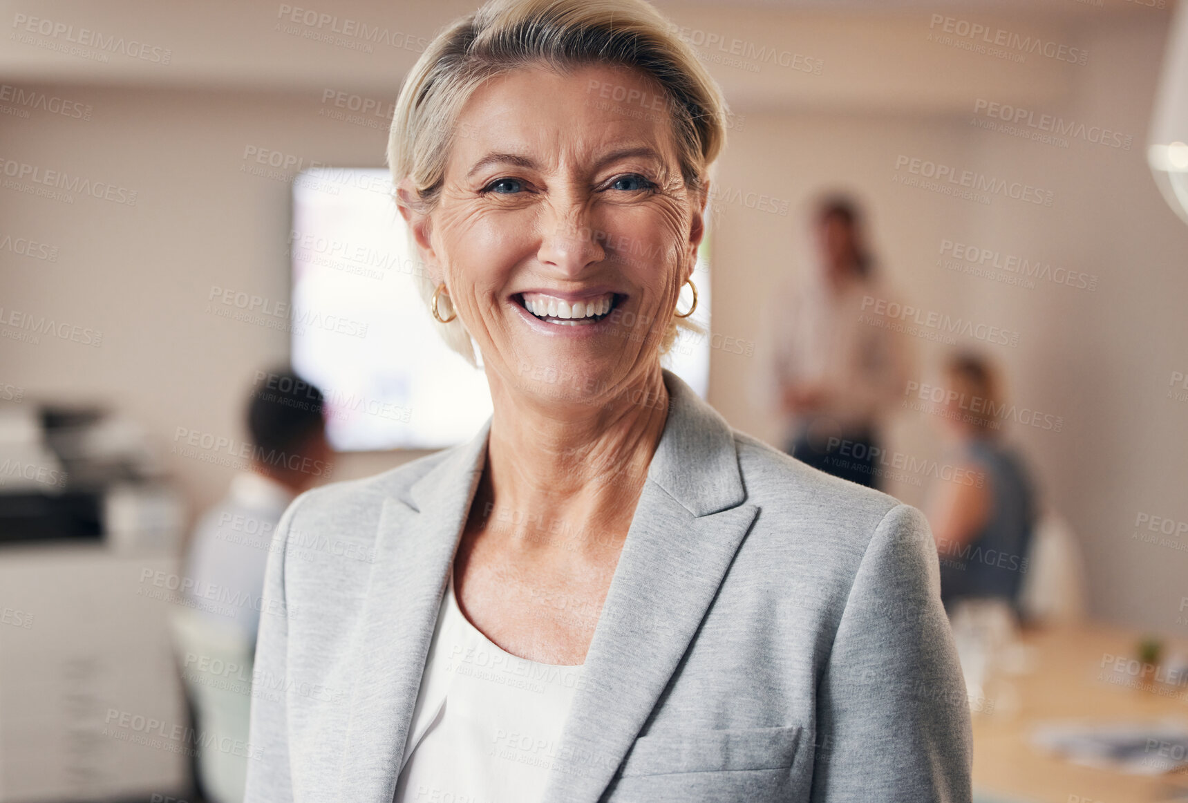 Buy stock photo Business woman, portrait and leadership in office boardroom, marketing company or advertising workshop goals. Smile, happy and mature corporate ceo, manage or mentor in about us and success mindset
