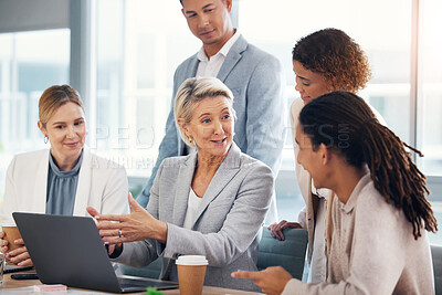 Buy stock photo Teamwork, training and laptop with business people in meeting for collaboration, leadership and coaching. Mentor, planning and technology with group of employee and ceo for learning, vision and idea