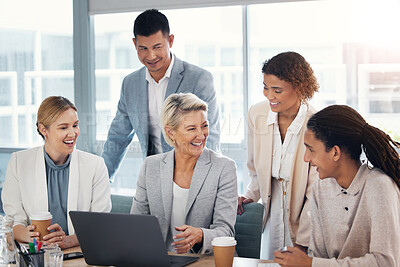 Buy stock photo Teamwork, happy and laptop with business people in meeting for collaboration, web design and coaching. Strategy, planning and technology with group of employee for learning, vision and idea review