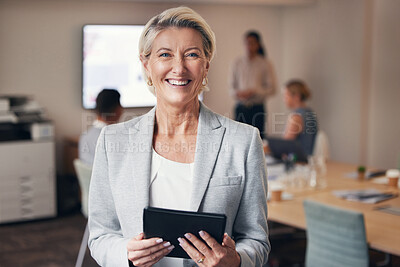 Buy stock photo Business, portrait of mature woman with tablet and happy team leader, ceo in office with success. Leadership, smile and corporate employee, senior businesswoman boss in management at digital startup.