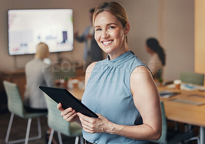 Buy stock photo Business, portrait of woman CEO with tablet and happy team leader in office with vision and success. Leadership, smile and corporate industry, confident businesswoman in management at digital startup