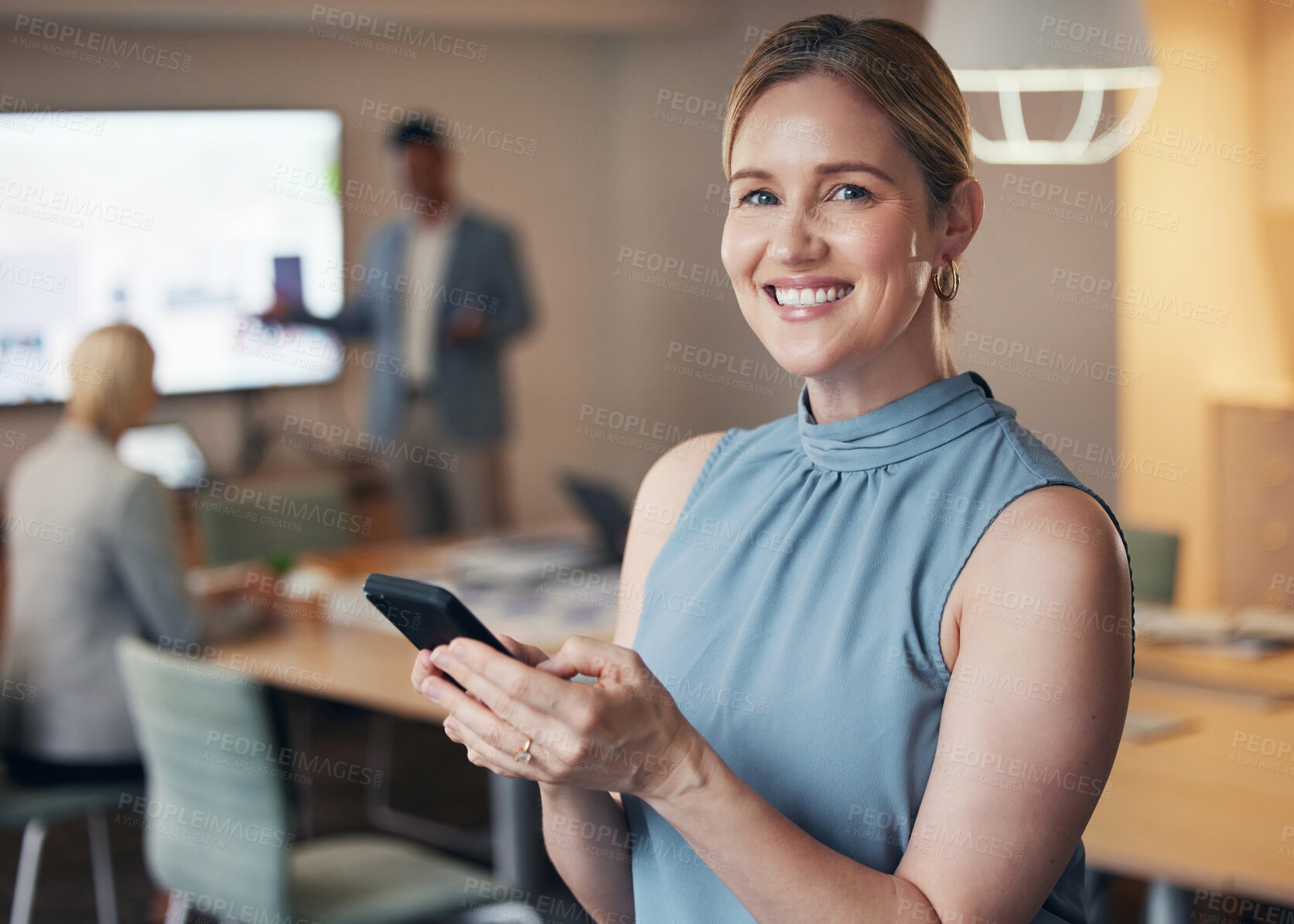 Buy stock photo Business, portrait of woman CEO with phone and happy team leader in office with vision and success. Leadership, smile and corporate industry, confident businesswoman in management at digital startup.