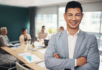 Buy stock photo Leadership, portrait and businessman with crossed arms in the office in meeting with colleagues. Corporate, management and professional male manager standing with confidence in boardroom in workplace