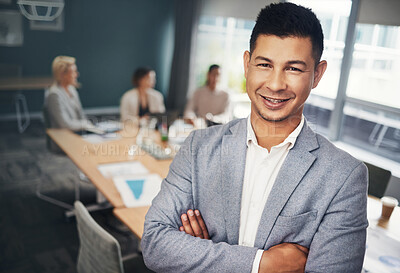 Buy stock photo Leadership, confidence and portrait of businessman in the office in a meeting with colleagues. Corporate, management and professional male manager standing with crossed arms in boardroom in workplace